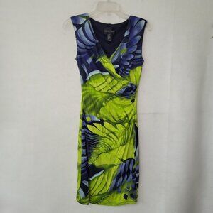 Frank Lyman Design Dress Women 2 Blue Green Leaf Print Sleeveless Stretch V-Neck